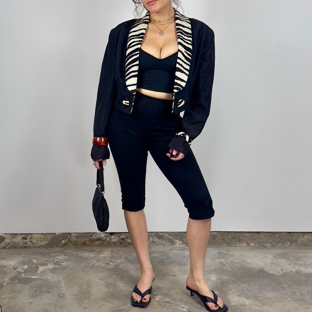 Vintage black zebra trim blazer. Silky material,by California Costume. Women M.